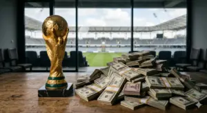The gold FIFA World Cup trophy next to a large pile of bundled US dollar cash on a wooden table inside a stadium luxury suite overlooking an empty soccer field.