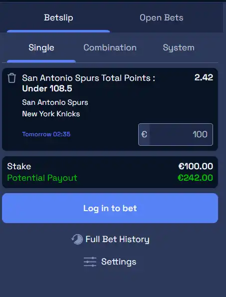 NBA over under example in JetBet